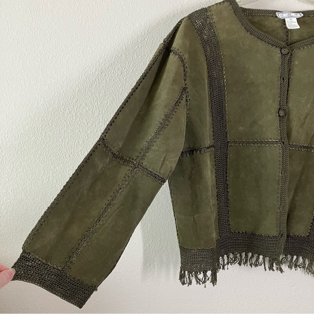 VINTAGE Suede Jacket & Skirt Set Crochet Western Cowgirl Boho Olive Green 2X - Picture 3 of 16